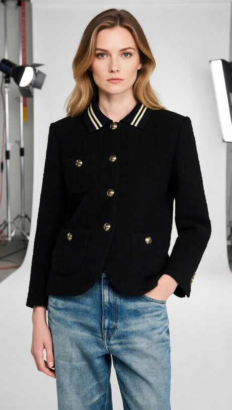 Chic Black Tweed Jacket | Contrast Striped Collar & Gold Buttons