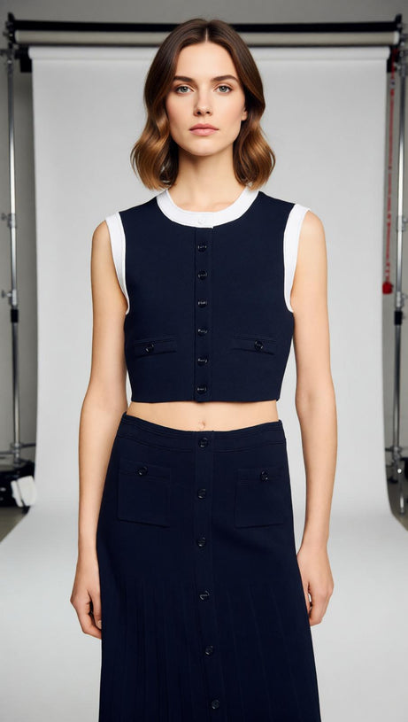 Elegant Two-Tone Cropped Knit Top | Sleeveless Button-Front with Contrast Trim