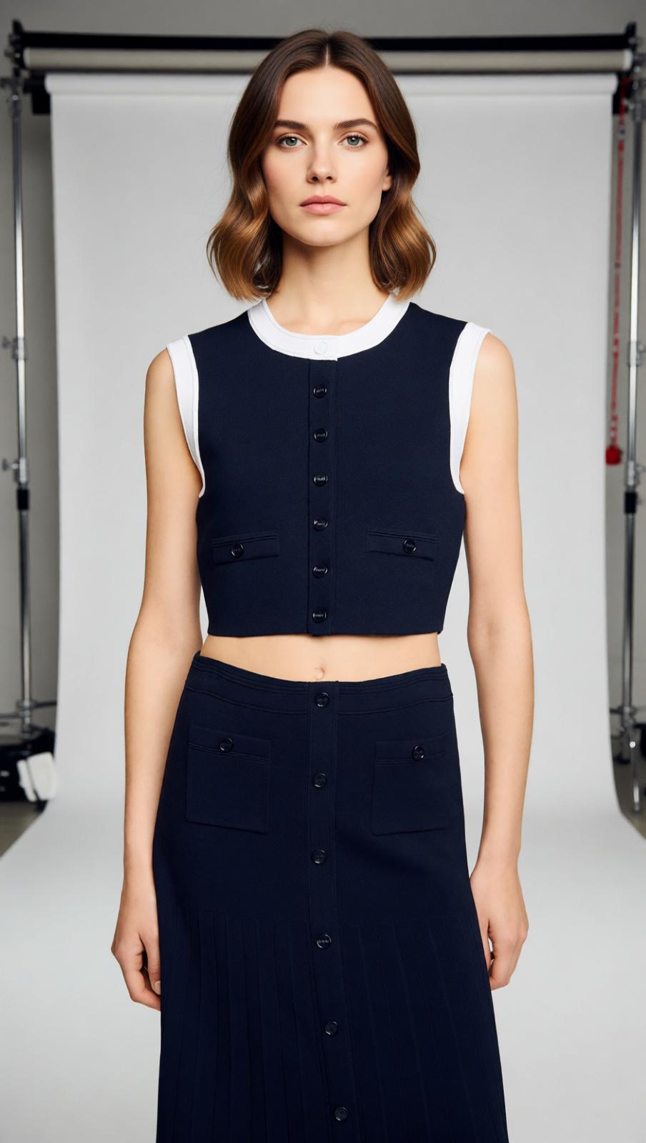 Elegant Two-Tone Cropped Knit Top | Sleeveless Button-Front with Contrast Trim