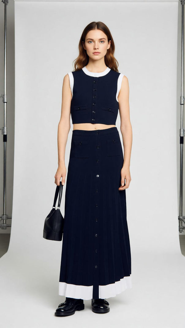 AIIZIE Elegant Two-Tone Cropped Knit Top | Sleeveless Button-Front with Contrast Trim - product image