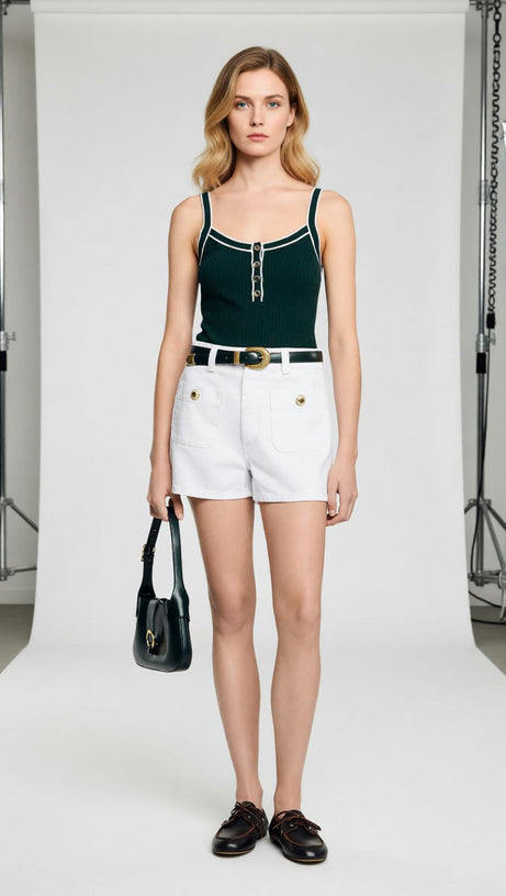 Chic Ribbed Knit Button-Front Tank Top with Contrast Trim