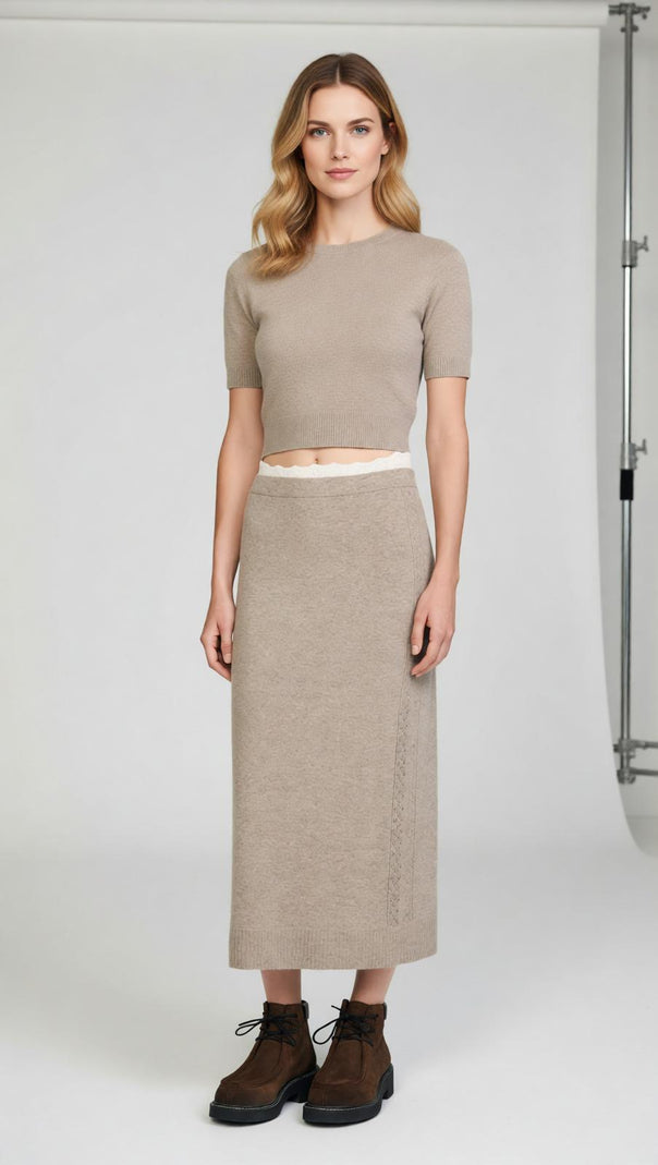 AIIZIE Women's Effortless Knit Midi Skirt with Delicate Pointelle Trim - Cozy & Chic Pull-On Style - product image