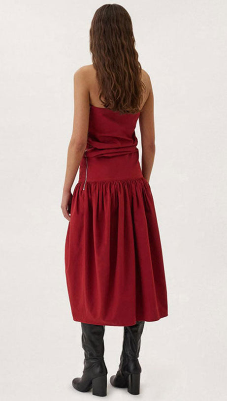 TWO WAY RUCHED DETAIL LOW WAIST COTTON BLEND STRAPLESS MIDI DRESS - RED