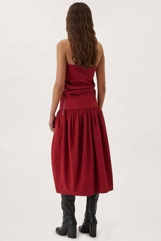 AIIZIE TWO WAY RUCHED DETAIL LOW WAIST COTTON BLEND STRAPLESS MIDI DRESS - RED - product image