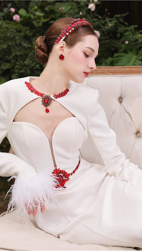 RHINESTONE CUT-OUT FEATHER MIDI DRESS IN WHITE