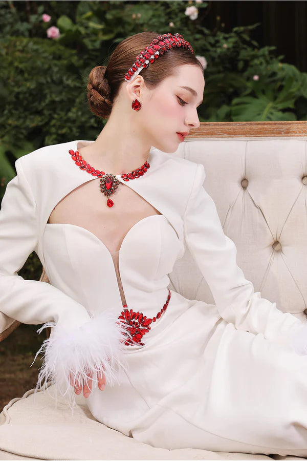 RHINESTONE CUT-OUT FEATHER MIDI DRESS IN WHITE