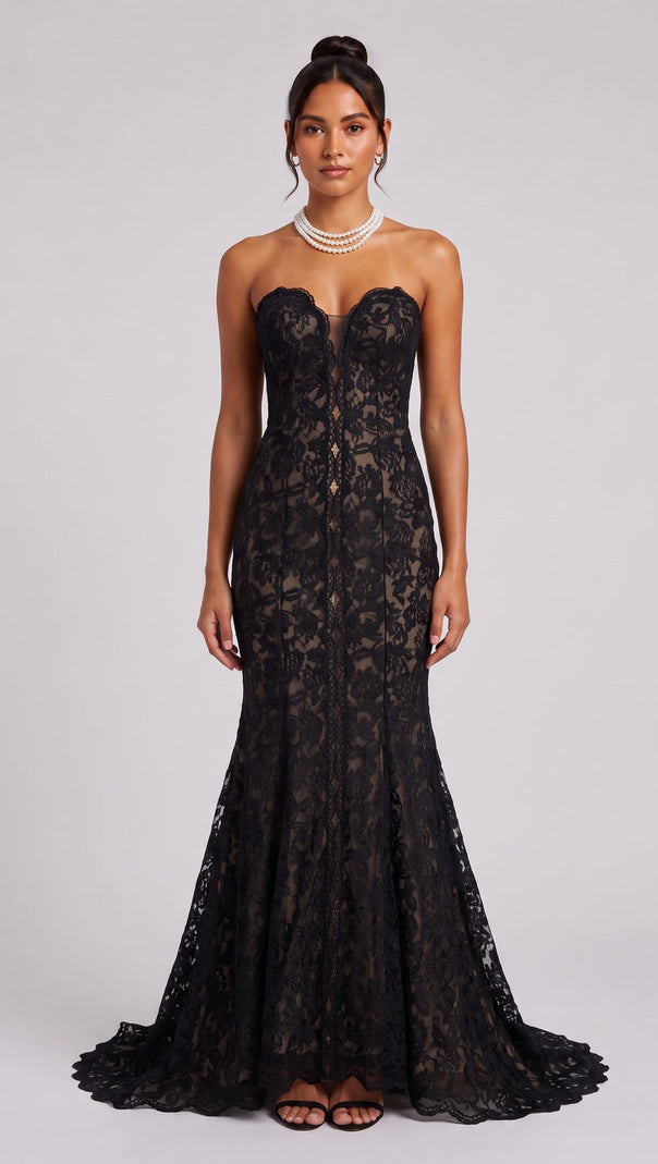 Black Lace Mermaid Gown with Sheer Plunge Detail black lace gown - product view 1
