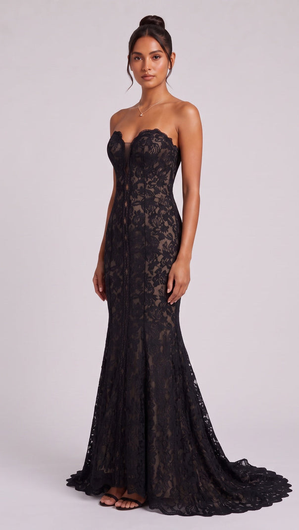 Black Lace Mermaid Gown with Sheer Plunge Detail black lace gown - product view 2
