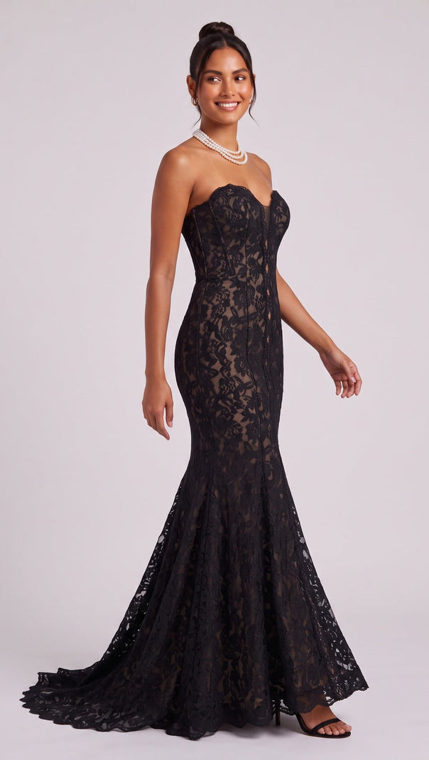 Black Lace Mermaid Gown with Sheer Plunge Detail black lace gown - product view 3