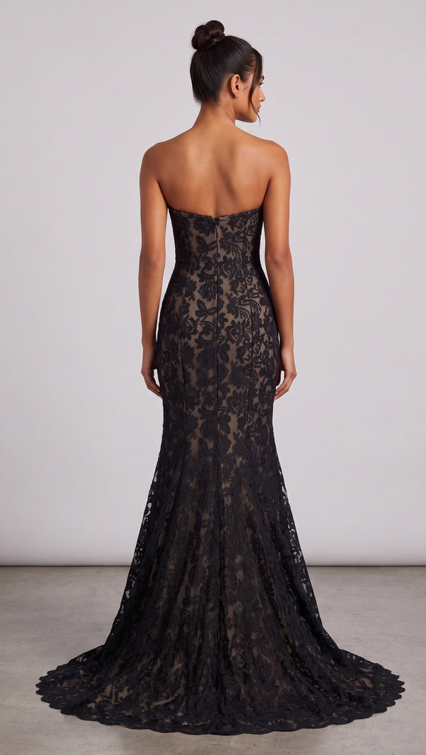 Black Lace Mermaid Gown with Sheer Plunge Detail black lace gown - product view 5