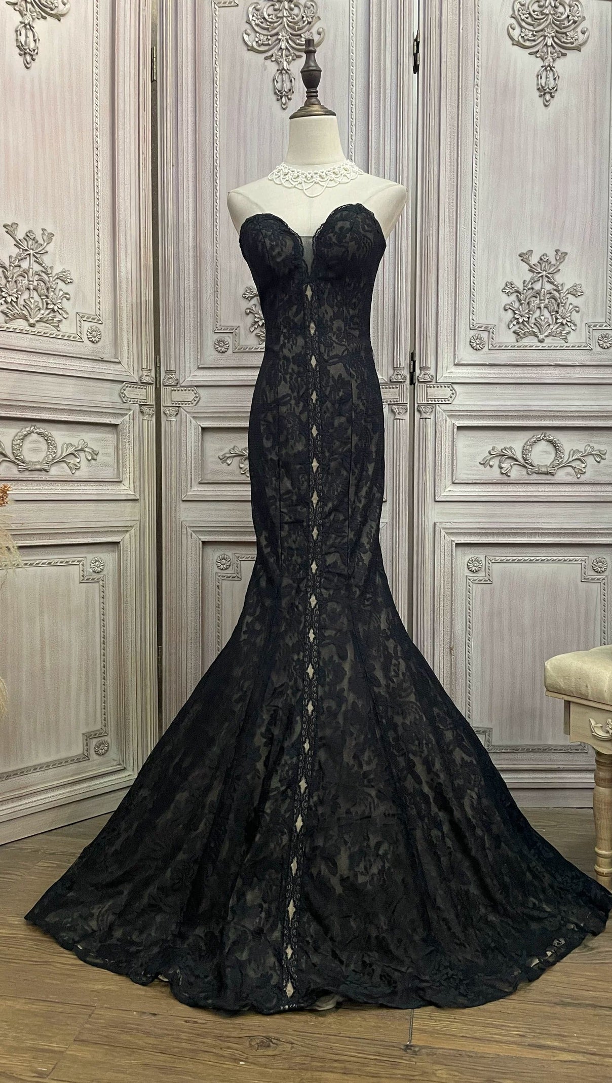 Black Lace Mermaid Gown with Sheer Plunge Detail