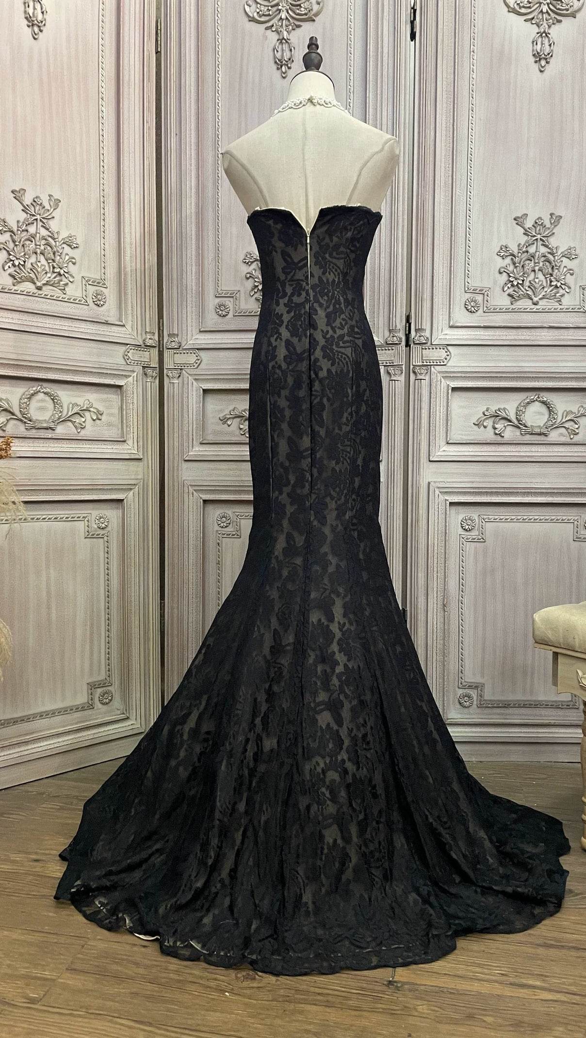 Black Lace Mermaid Gown with Sheer Plunge Detail