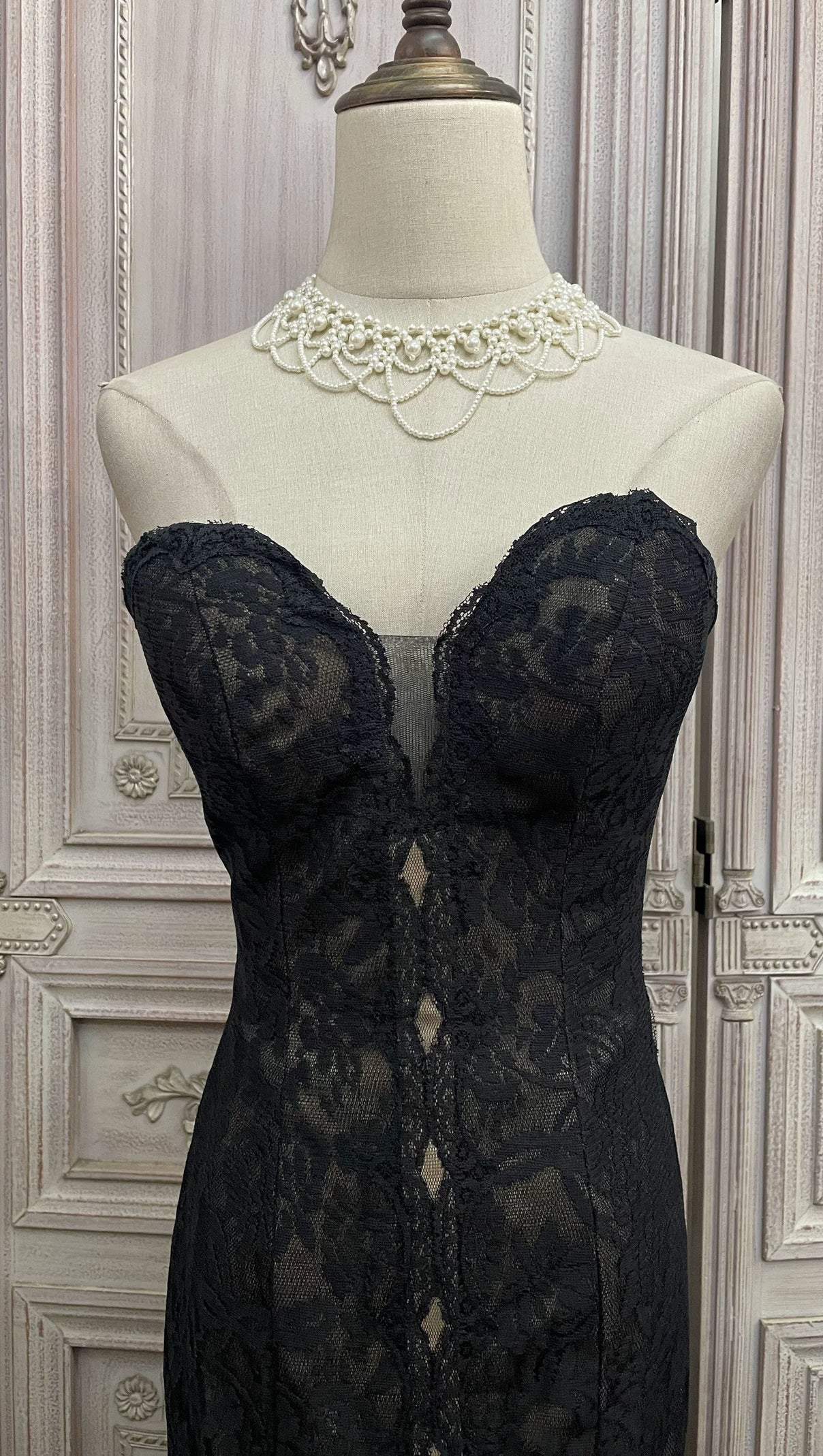 Black Lace Mermaid Gown with Sheer Plunge Detail