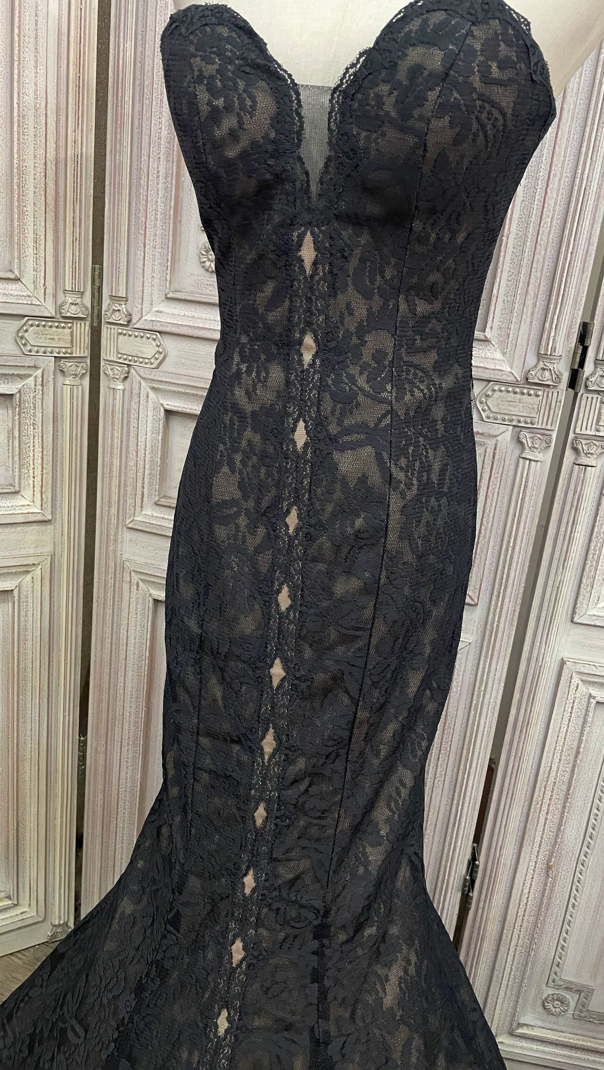 Black Lace Mermaid Gown with Sheer Plunge Detail