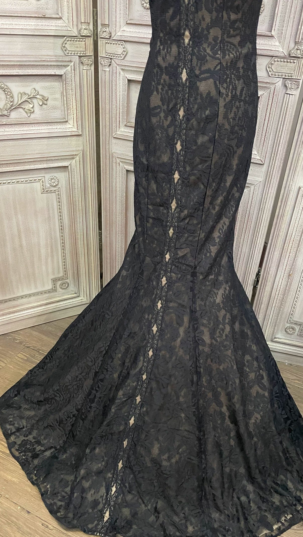 Black Lace Mermaid Gown with Sheer Plunge Detail