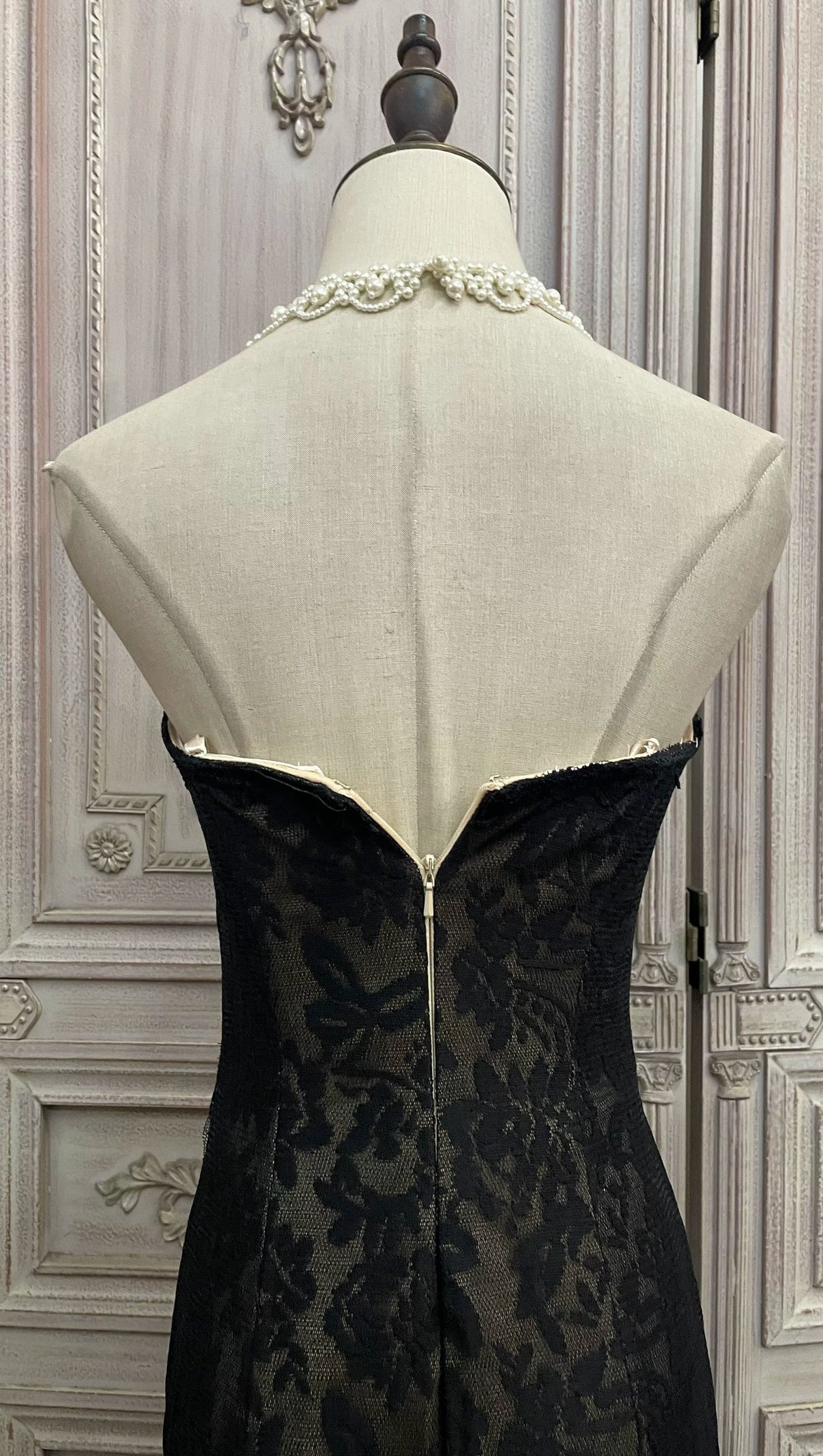 Black Lace Mermaid Gown with Sheer Plunge Detail