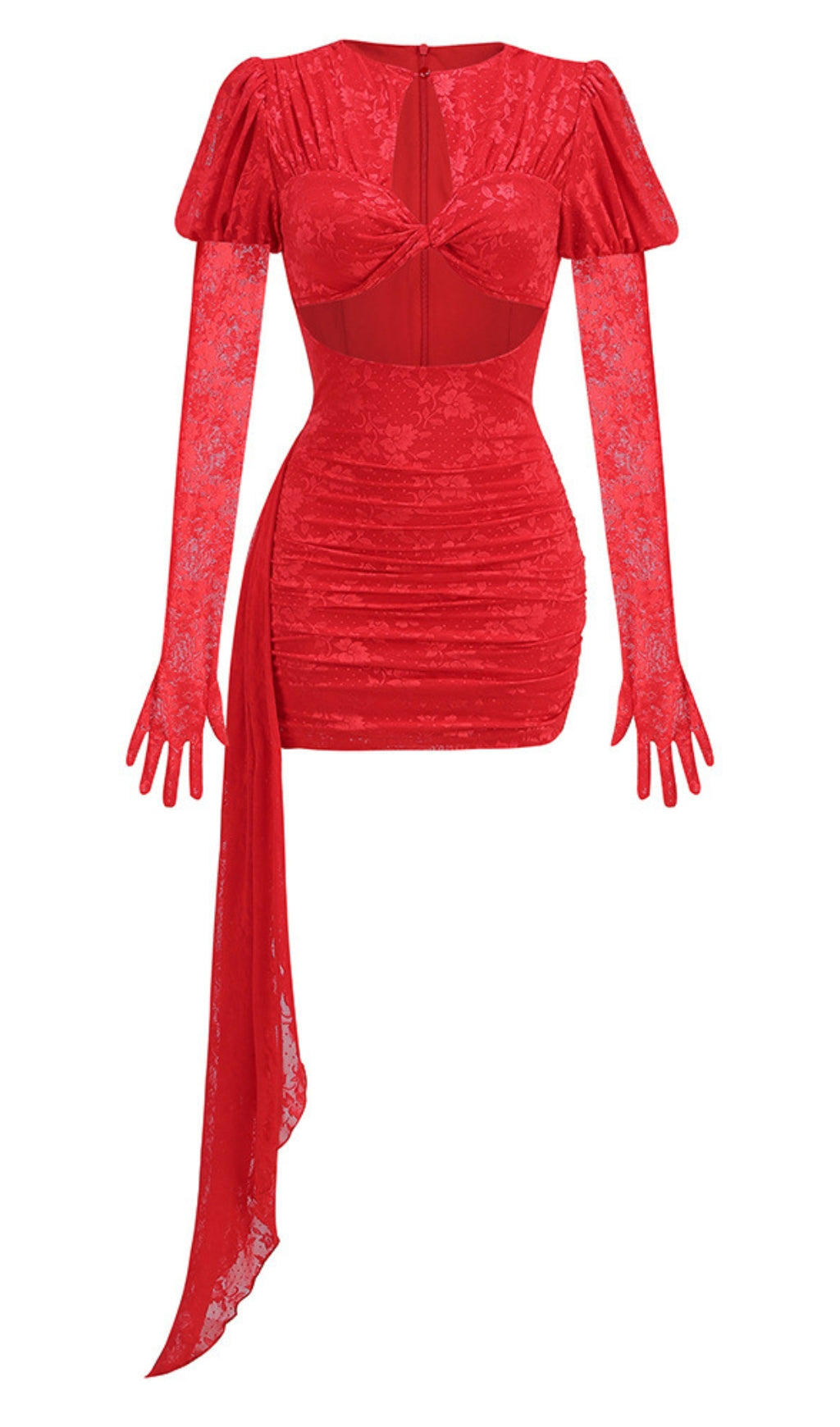 Rotes Minikleid mit Cut-Outs und Rüschen und Handschuhen 