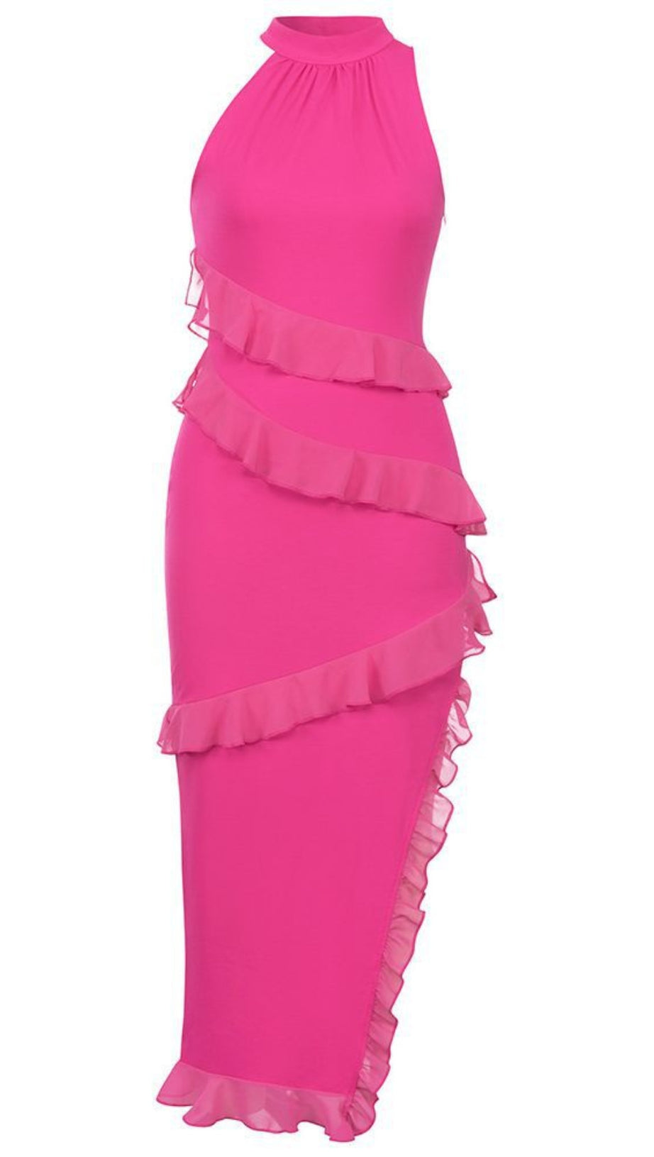 HALTER NECK ASYMMETRIC RUFFLED MIDI DRESS IN PINK