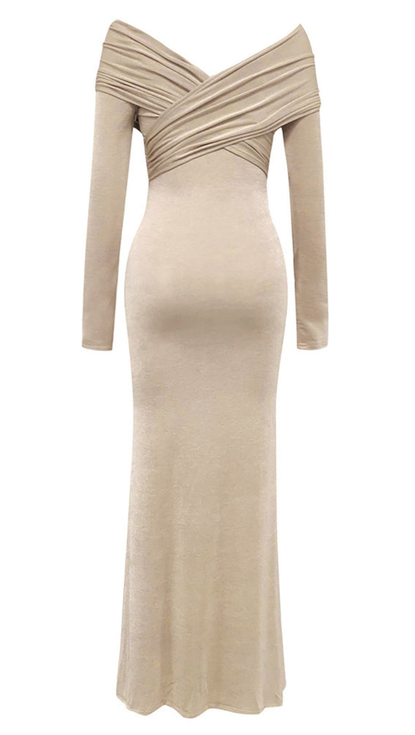 AIIZIE OFF - SHOULDER RUCHED WRAP MIDI DRESS IN NUDE - product image