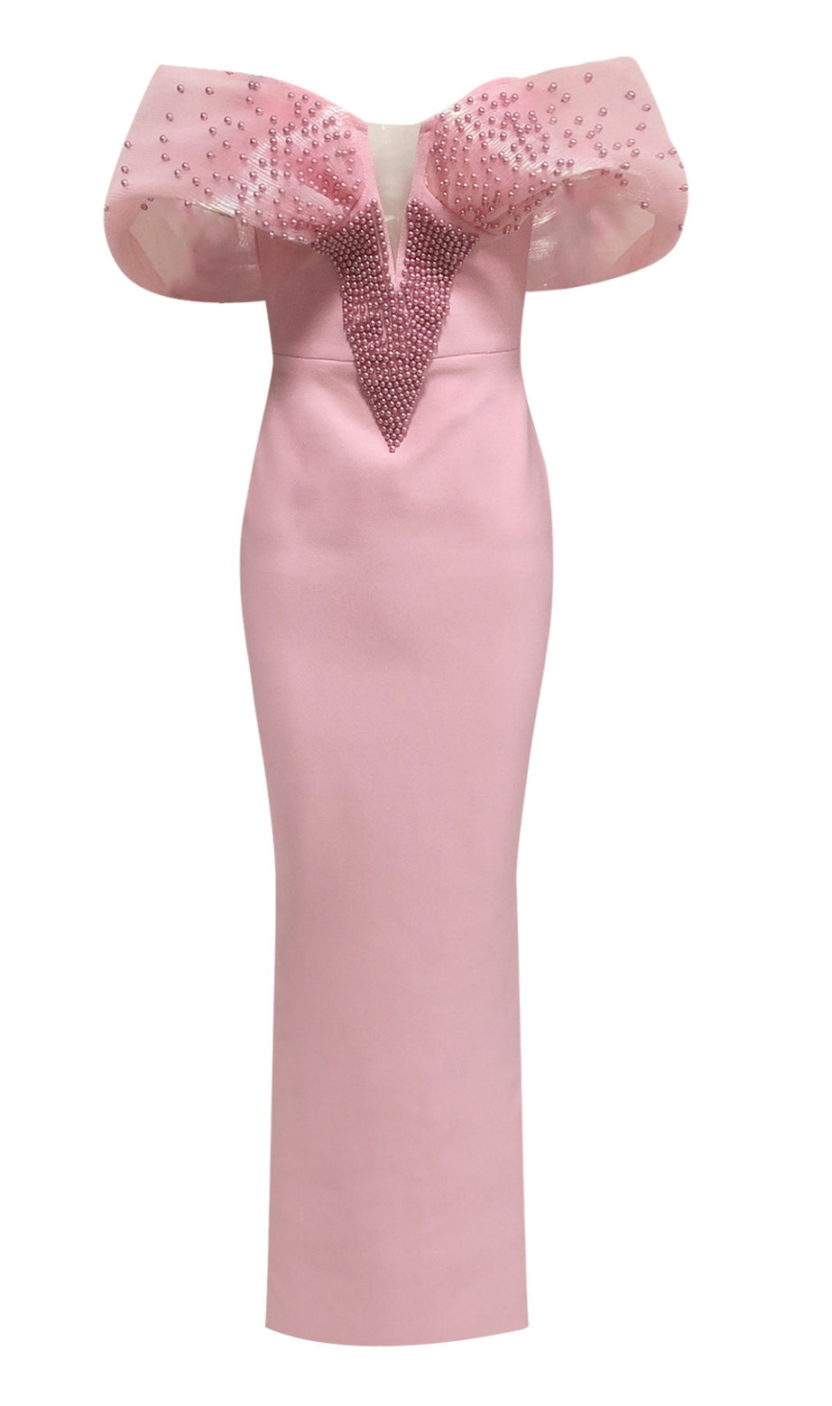 PINK OFF SHOULDER BEADED BANDAGE MAXI DRESS