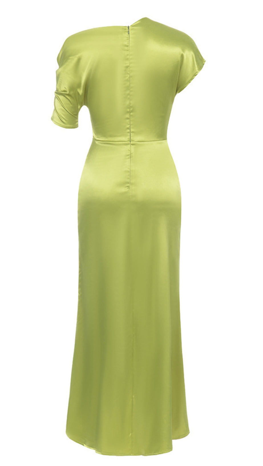 SATIN ONE - SHOULDER MIDI DRESS IN LIME GREEN
