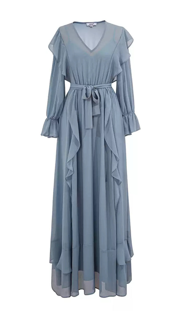 AIIZIE ELEGANT LIGHT BLUE CHIFFON MAXI DRESS WITH RUFFLES AND BELT - product image