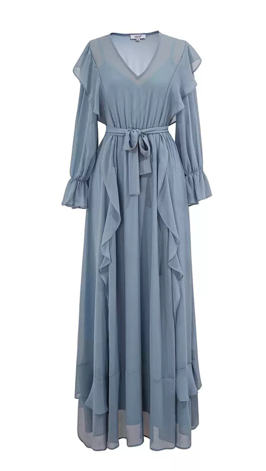 ELEGANT LIGHT BLUE CHIFFON MAXI DRESS WITH RUFFLES AND BELT