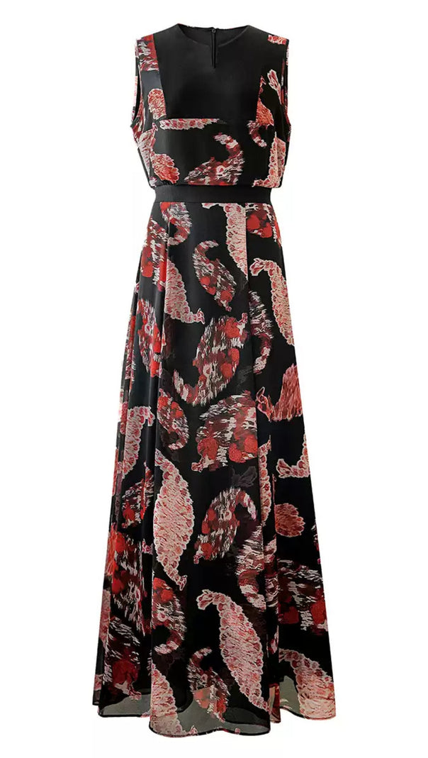 AIIZIE ELEGANT PRINTED MAXI DRESS WITH SLEEVELESS TOP AND BELTED WAIST - product image