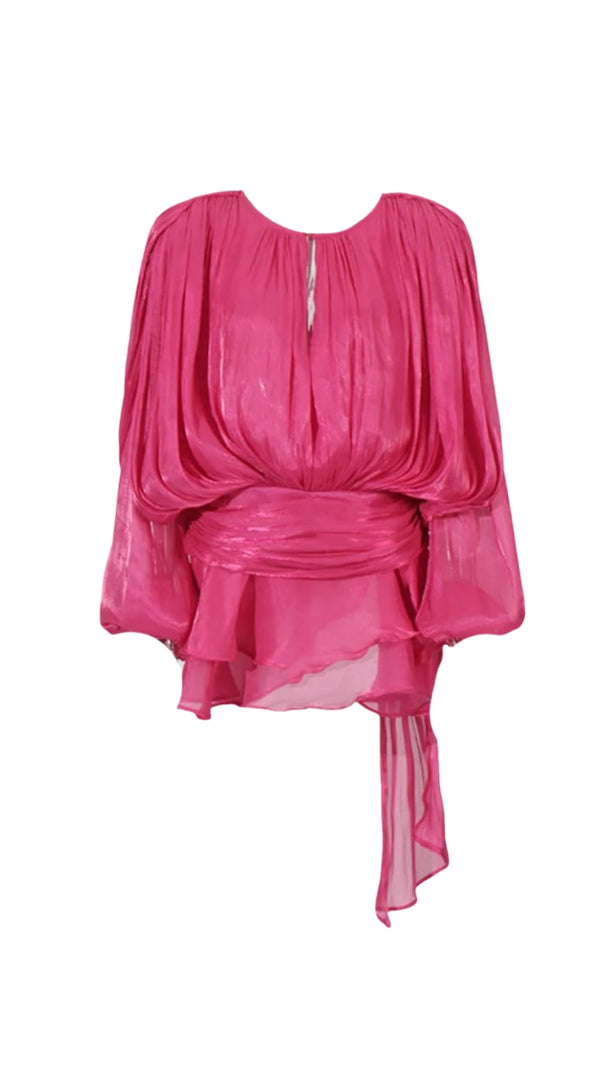 AIIZIE HERMOSA BALLOON SLEEVE RUCH RUFFLE MINI DRESS IN ROSE RED - product image
