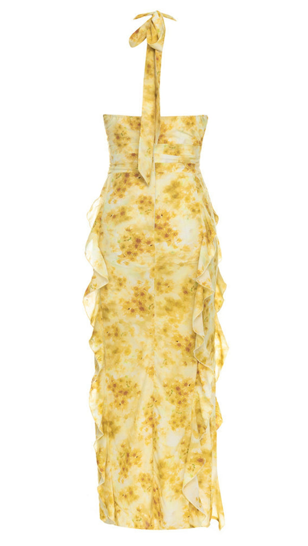 AIIZIE FLORAL RUFFLED HALTER MIDI DRESS IN YELLOW - product image