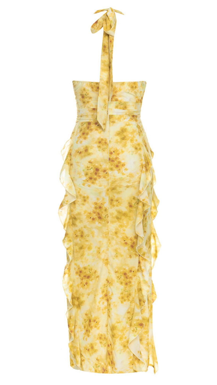 Neckholder-Midikleid mit Blumenmuster und Rüschen in Gelb