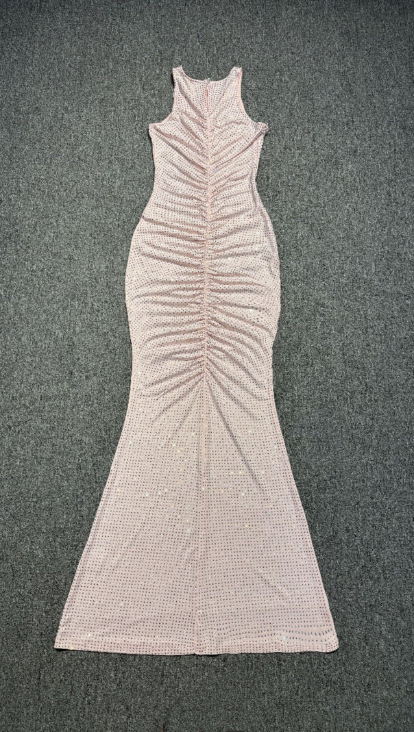 AIIZIE HOLLOW MESH RHINESTONE SLEEVELESS MAXI DRESS IN PINK - product image