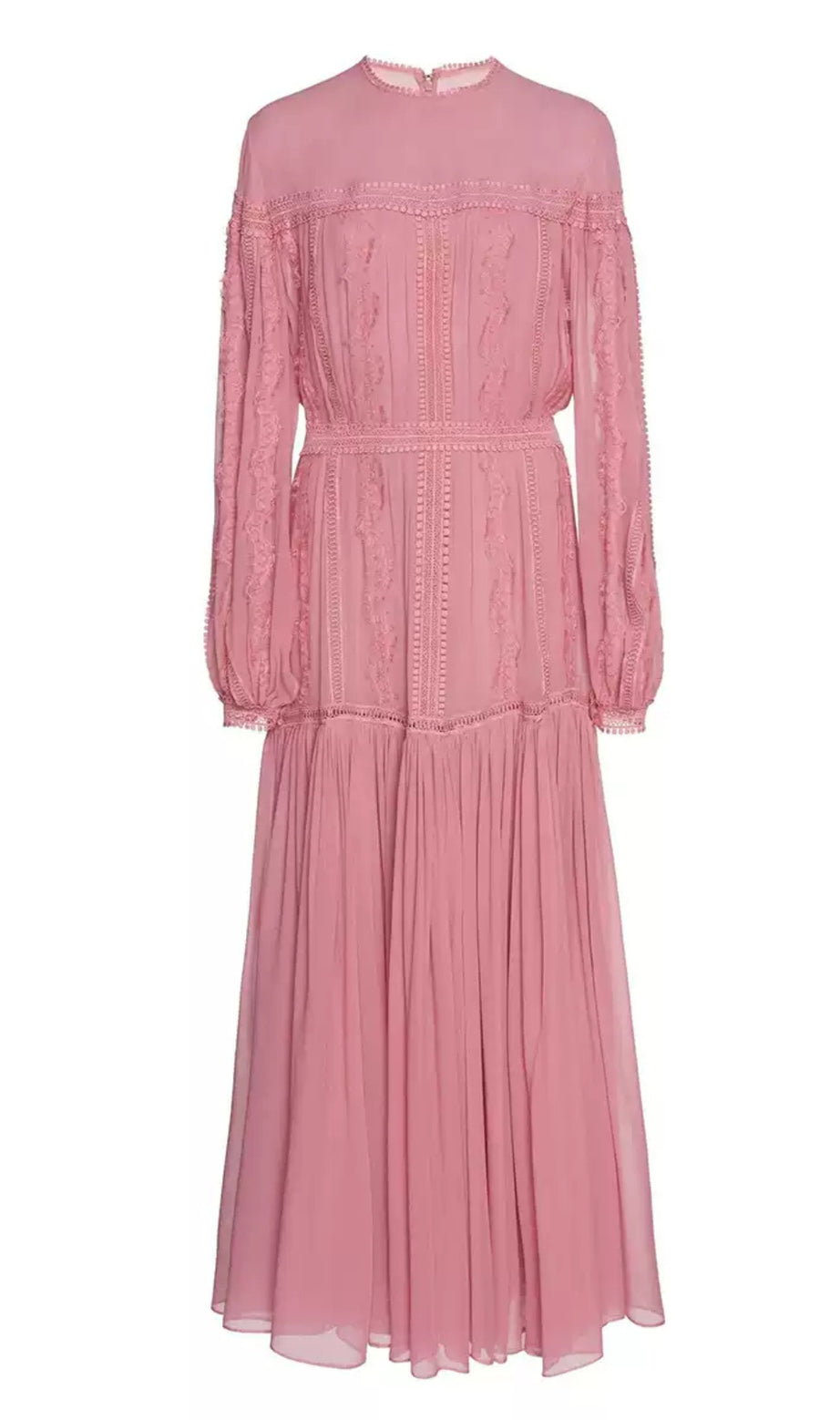 Elegant Pink Chiffon Maxi Dress with Lace Detailing