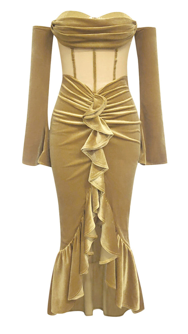 AIIZIE STRAPLESS RUFFLE - DETAIL VELVET MERMAID DRESS IN GOLD - product image