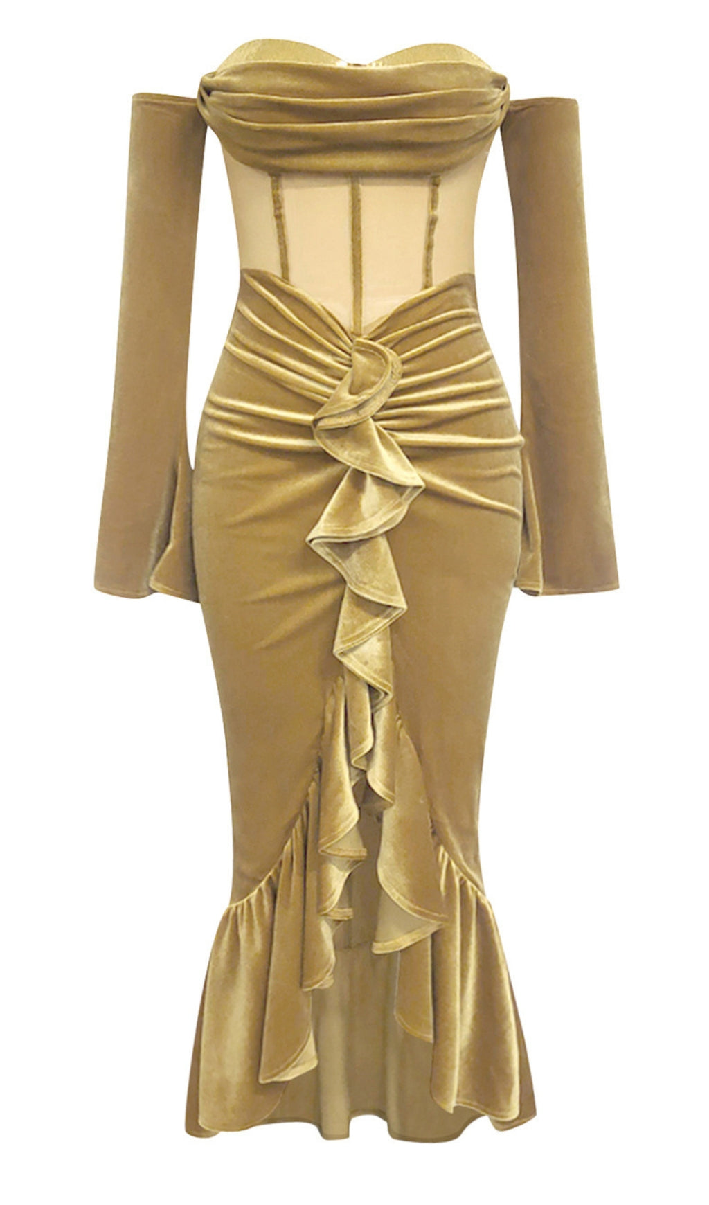 STRAPLESS RUFFLE - DETAIL VELVET MERMAID DRESS IN GOLD