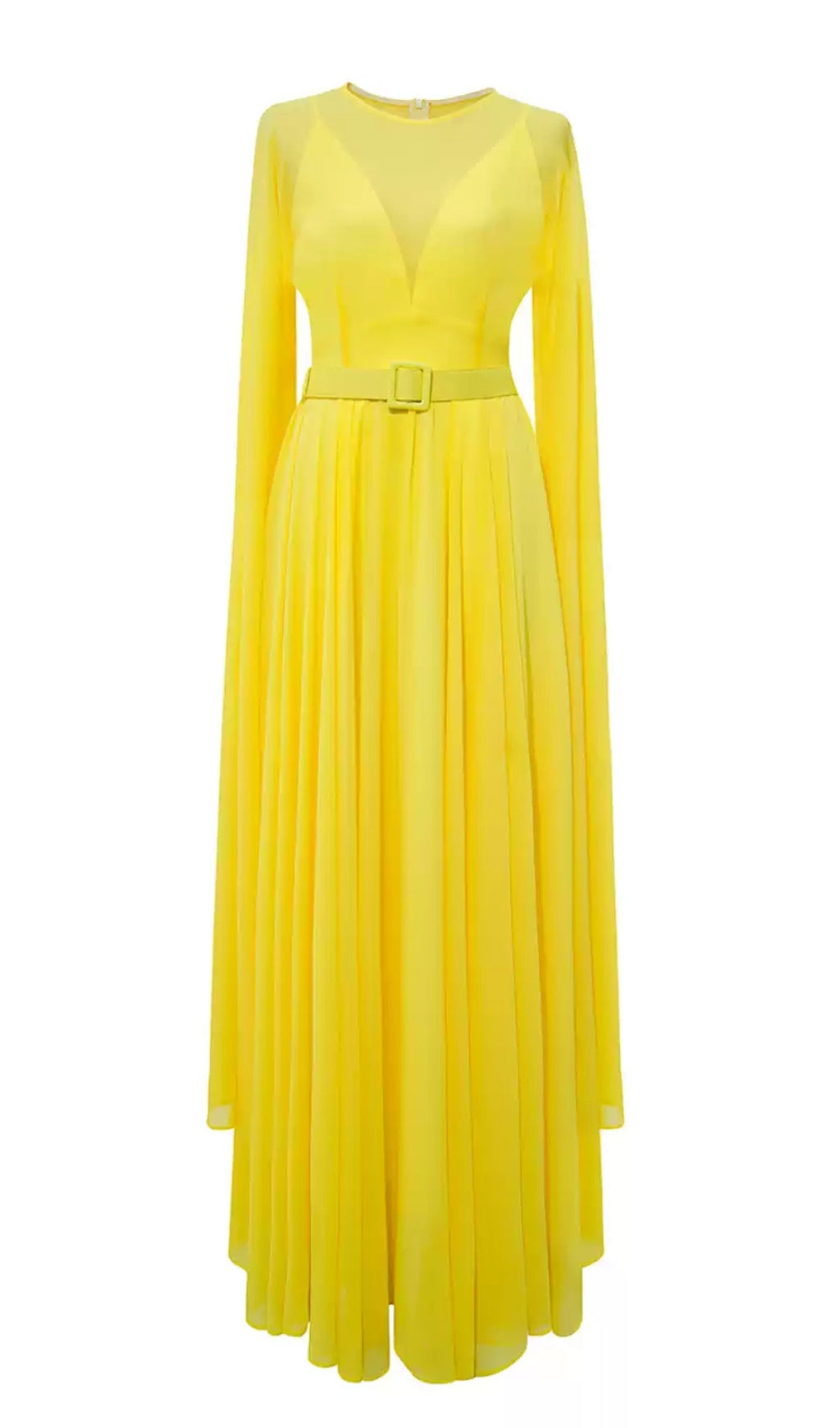 YELLOW SHEER - SLEEVED BELTED MAXI DRESS