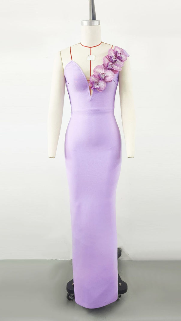 AIIZIE PURPLE ONE-SHOULDER FLORAL BANDAGE SPLIT MAXI DRESS - product image