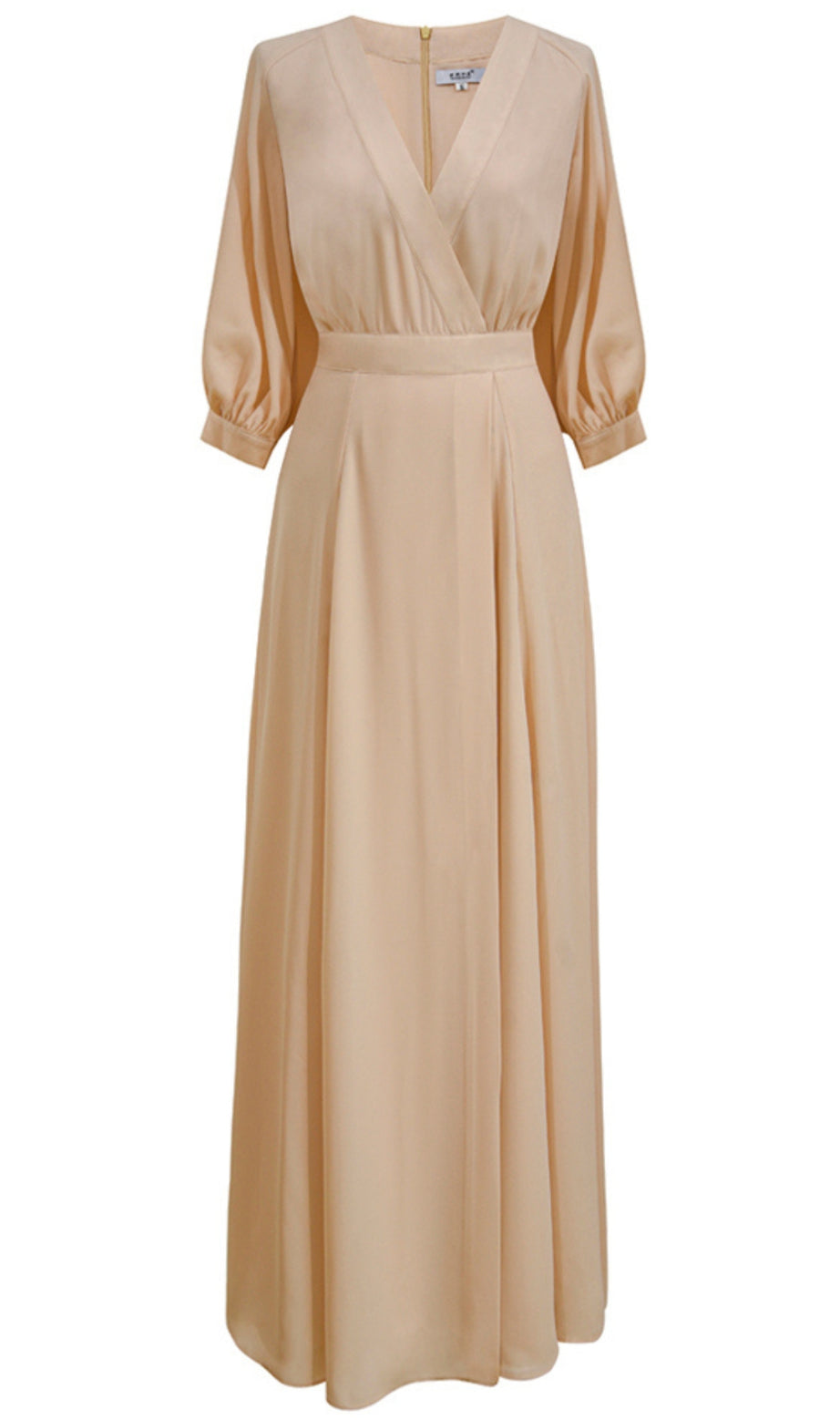 Beige V - Neck Puff Sleeve Maxi Dress with Waistband