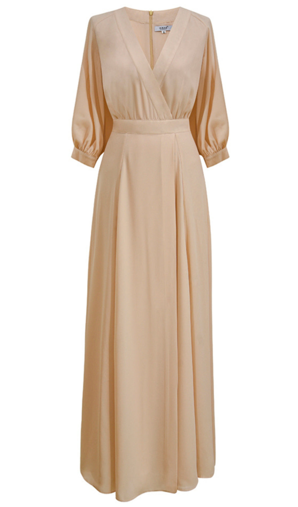 BEIGE V - NECK PUFF SLEEVE MAXI DRESS WITH WAISTBAND