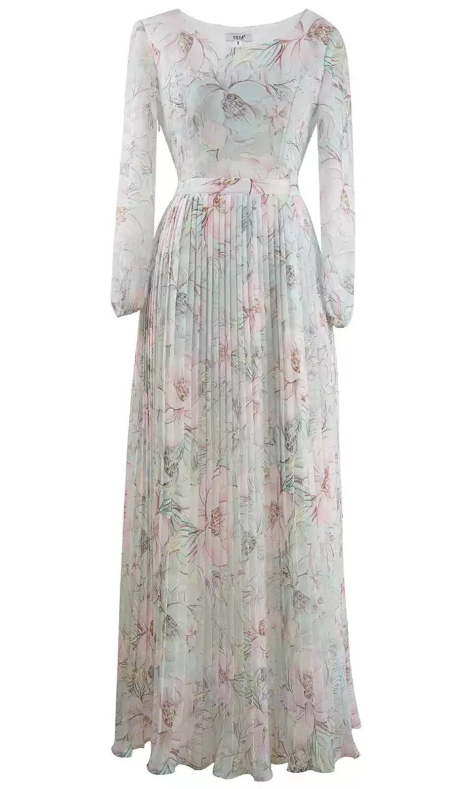 Elegante abito lungo plissettato floreale con maniche trasparenti 