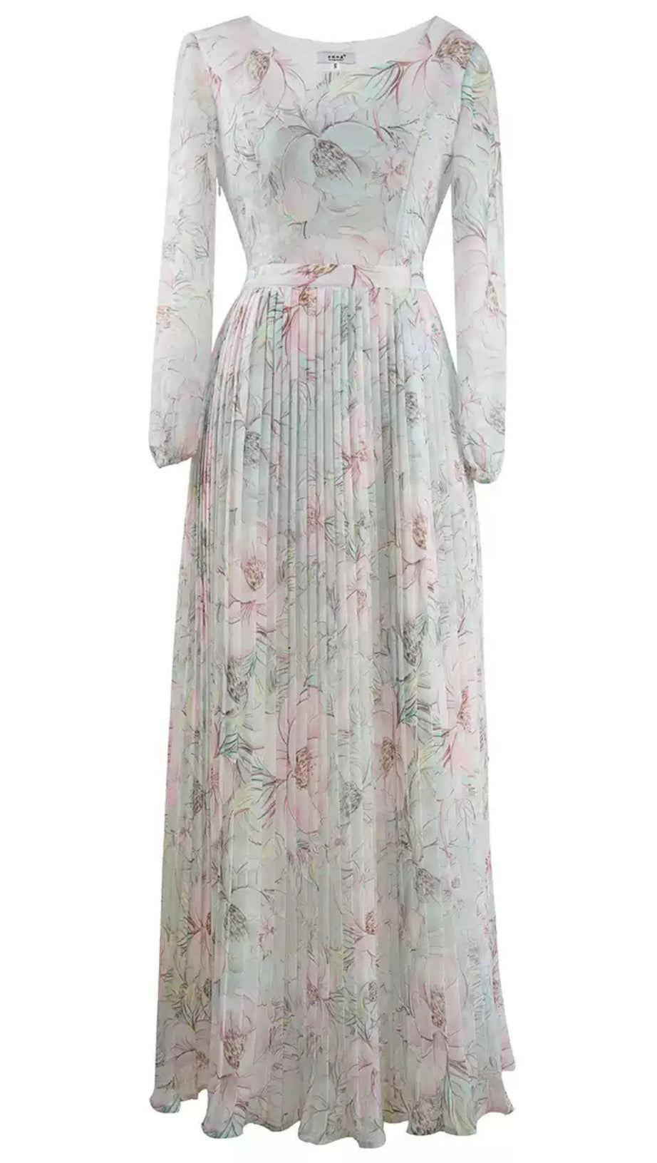ELEGANT FLORAL PLEATED LONG DRESS WITH SHEER SLEEVES