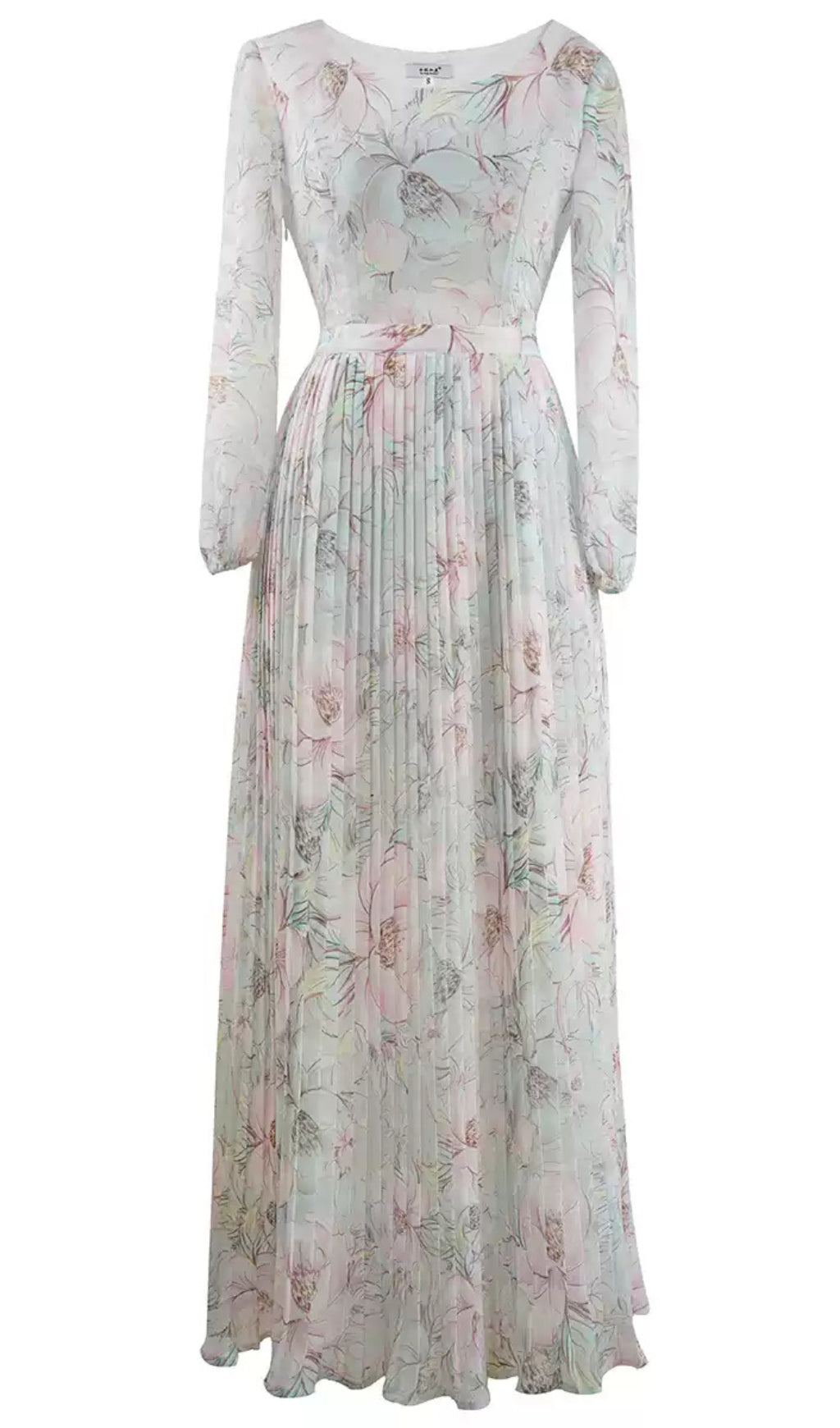 ELEGANT FLORAL PLEATED LONG DRESS WITH SHEER SLEEVES