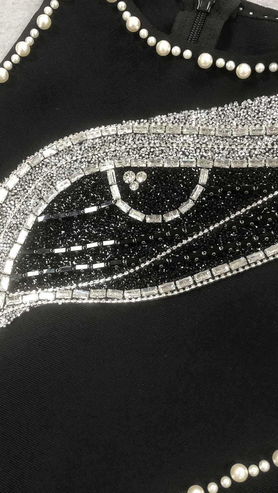 RHINESTONE - EMBELLISHED LIP & EYE SLIT MAXI DRESS IN BLACK