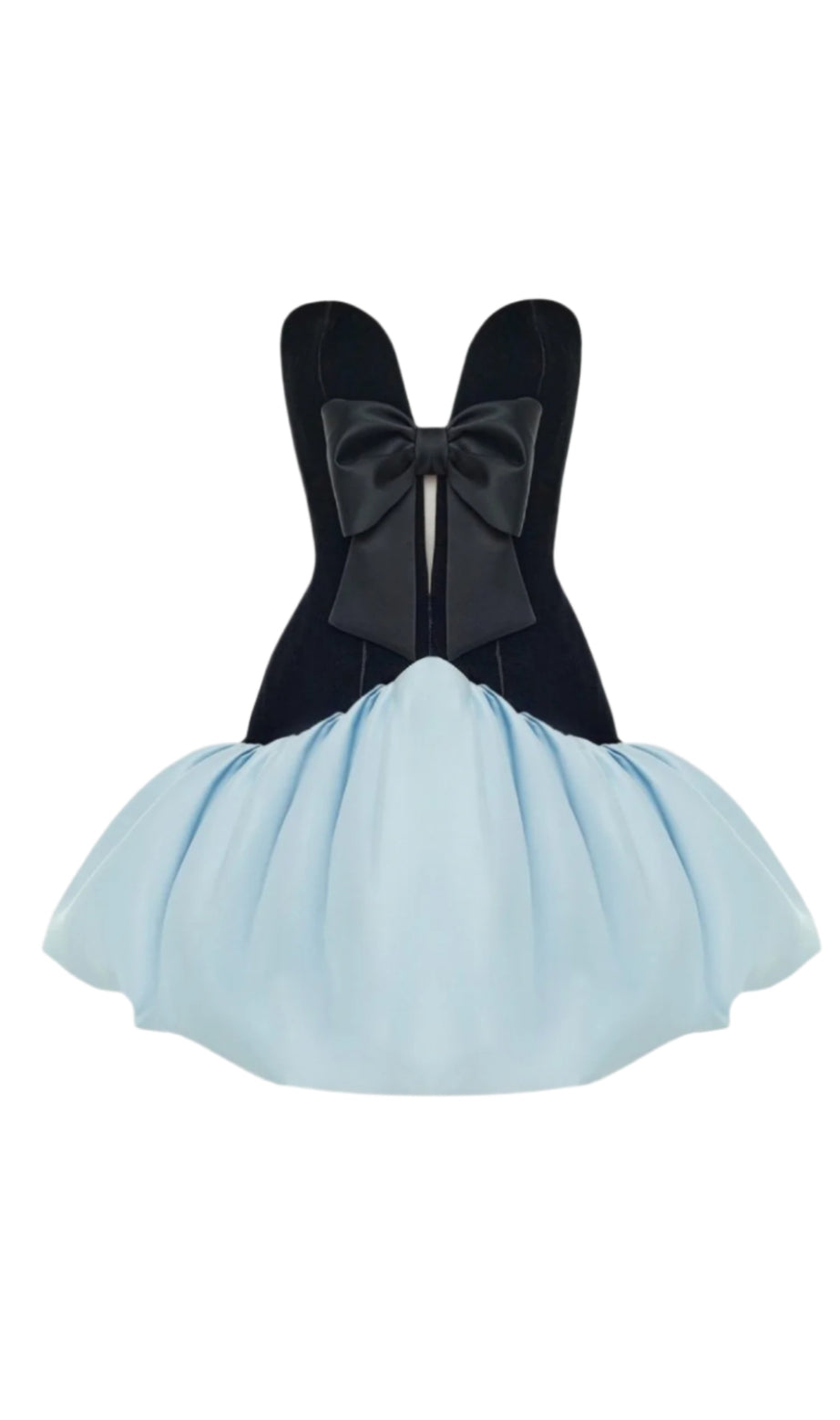Stanski – Trägerloses, bauschiges Satin-Minikleid mit Samtschleife