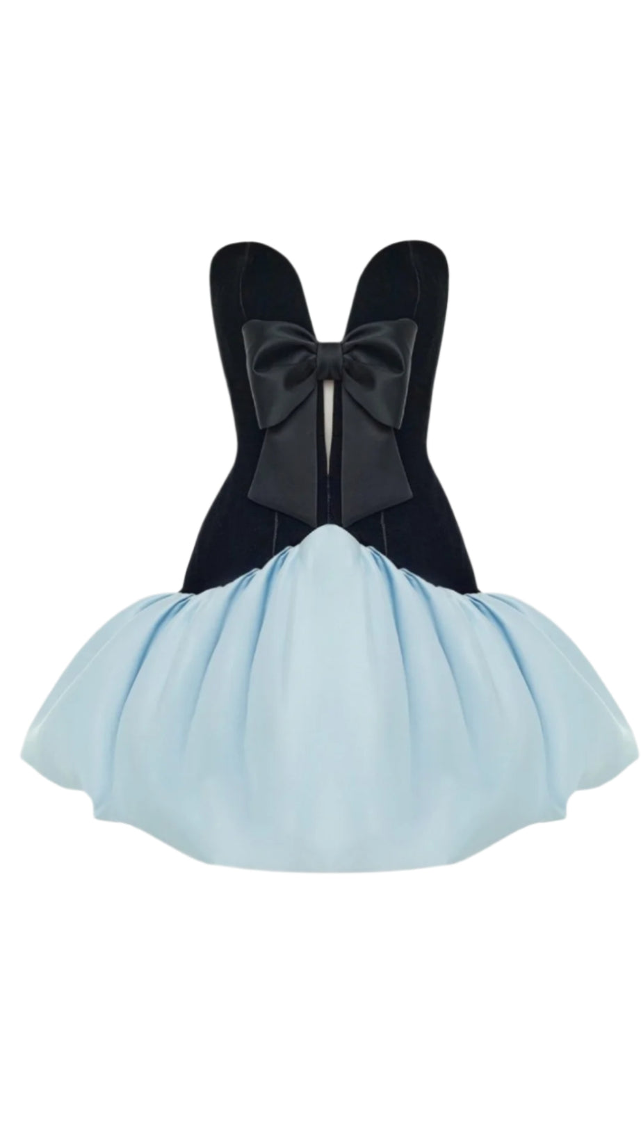 Stanski – Trägerloses, bauschiges Satin-Minikleid mit Samtschleife