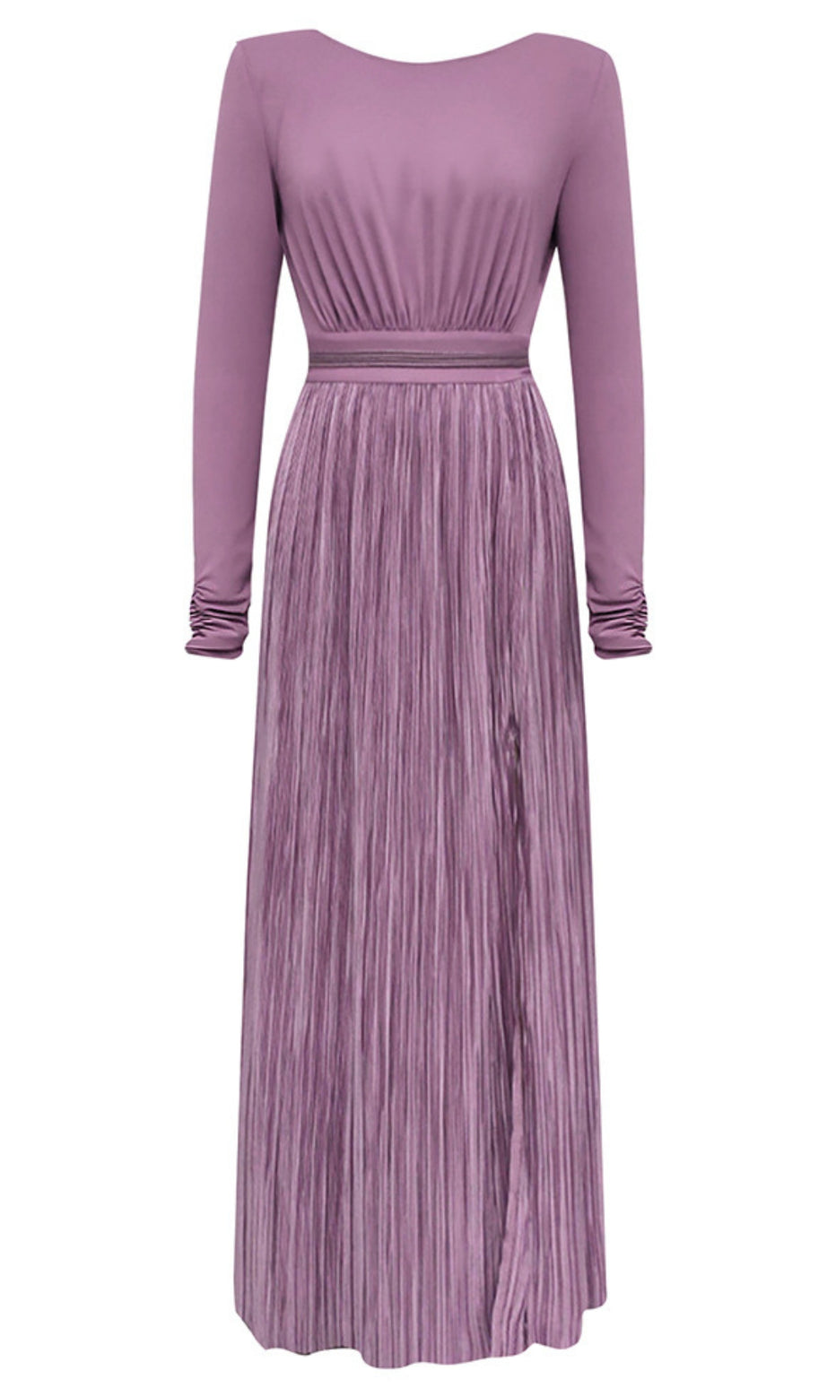 Long - Sleeve Pleated - Waist Maxi Dress in Lilac