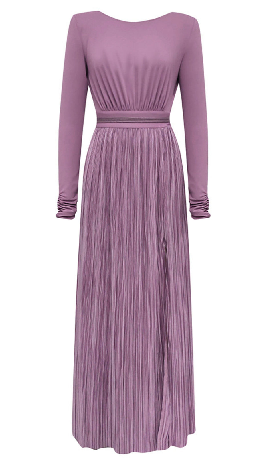 LONG - SLEEVE PLEATED - WAIST MAXI DRESS IN LILAC