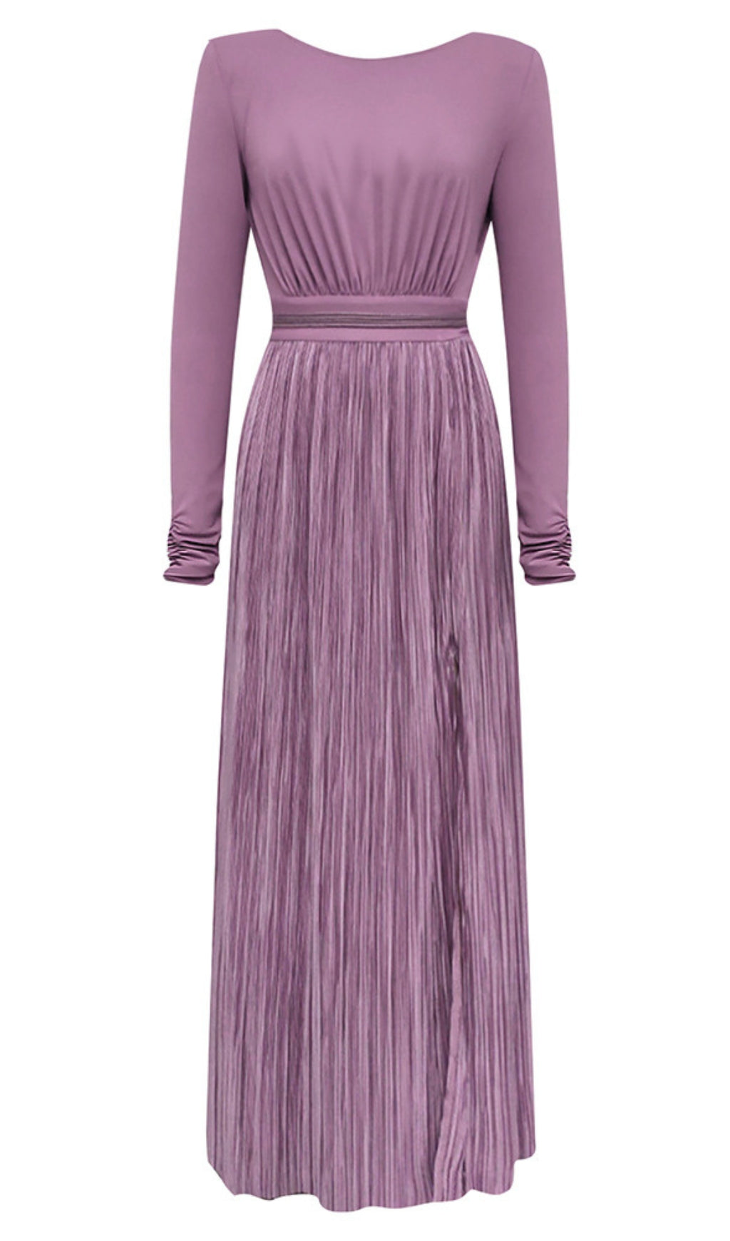 Long - Sleeve Pleated - Waist Maxi Dress in Lilac