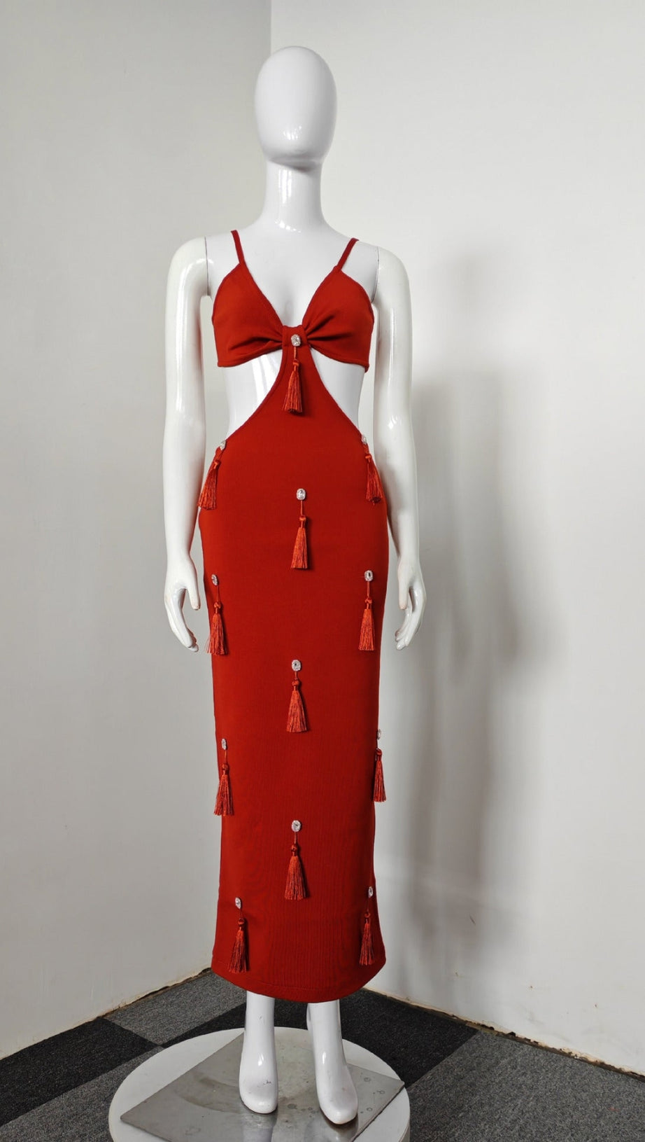 DEEP-V DIAMOND TASSELS BANDAGE MAXI DRESS IN RED