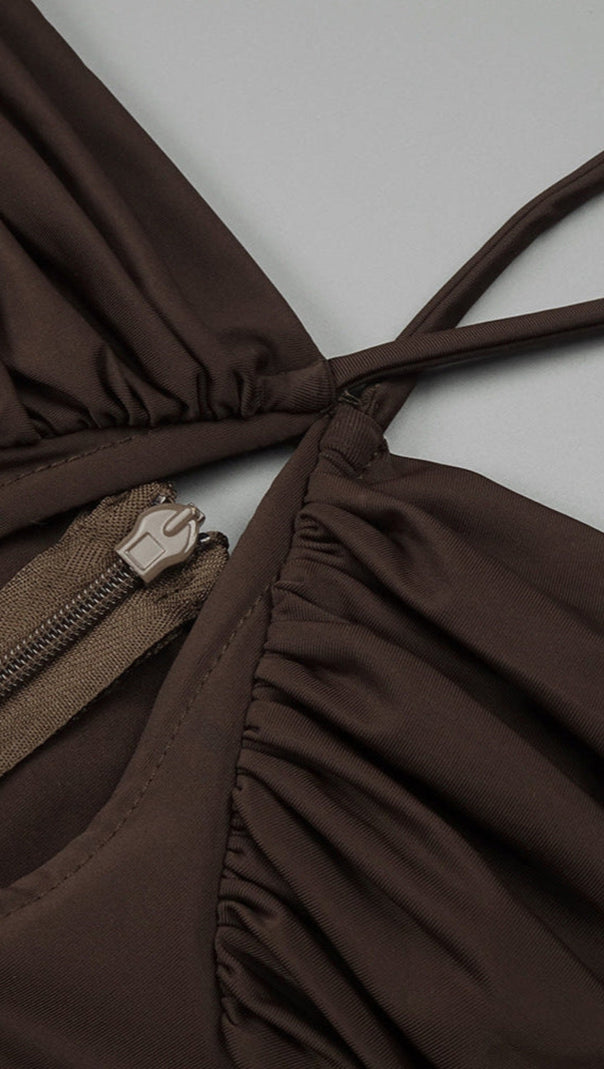 AIIZIE PLEATED STRAPPY DRAPED SLIT MAXI DRESS IN BROWN - product image